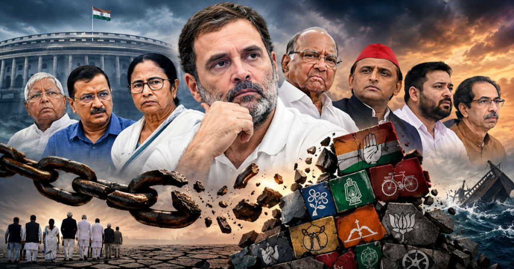 Rahul Gandhi and the opposition alliance in India, symbolizing coalition politics, political challenges, and struggles for unity