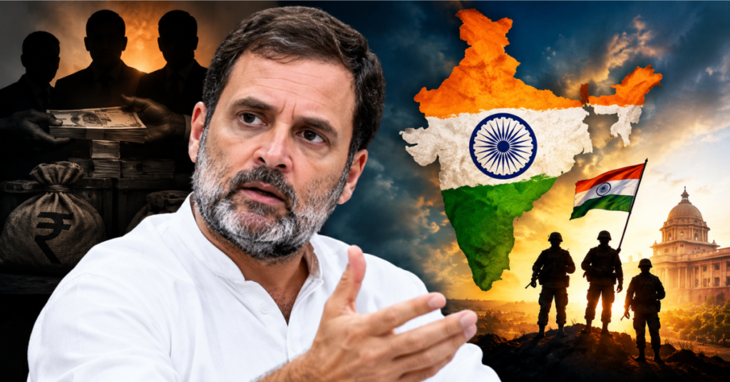Rahul Gandhi’s portrait with currency bundles, shadowy figures, the Indian tricolor map, and soldiers symbolizing national security and political controversy