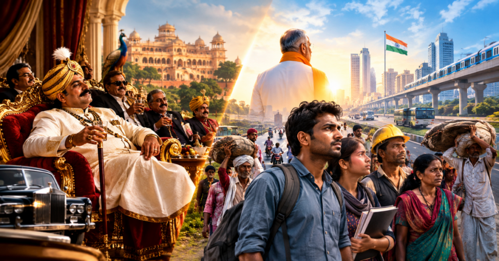 New India and the end of privileges, symbolizing the journey from royal luxury to struggles on the streets.