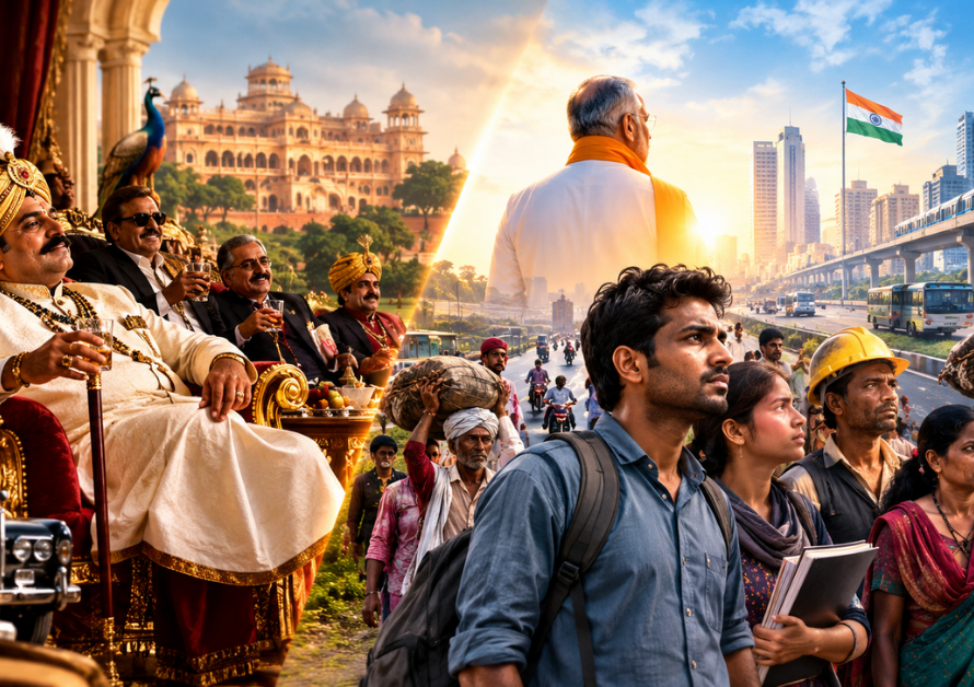 New India and the end of privileges, symbolizing the journey from royal luxury to struggles on the streets.