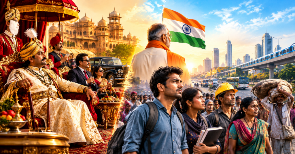 New India and the end of privilege, depicting the contrast between royal splendor and the struggles of ordinary people on the streets.