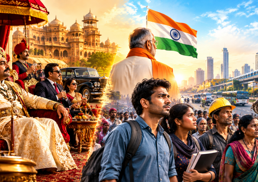 New India and the end of privilege, depicting the contrast between royal splendor and the struggles of ordinary people on the streets.