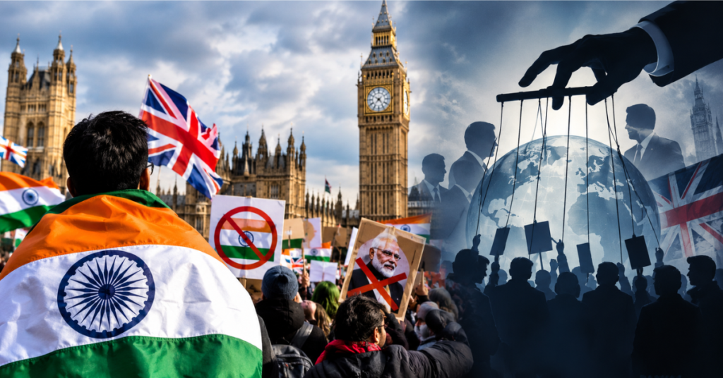 Anti-India protests in England highlighting debates over democracy and foreign propaganda