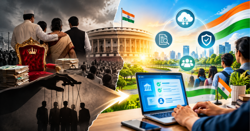 Administrative reform and digital transparency in India, illustrating e-governance, accountability, and systemic change.