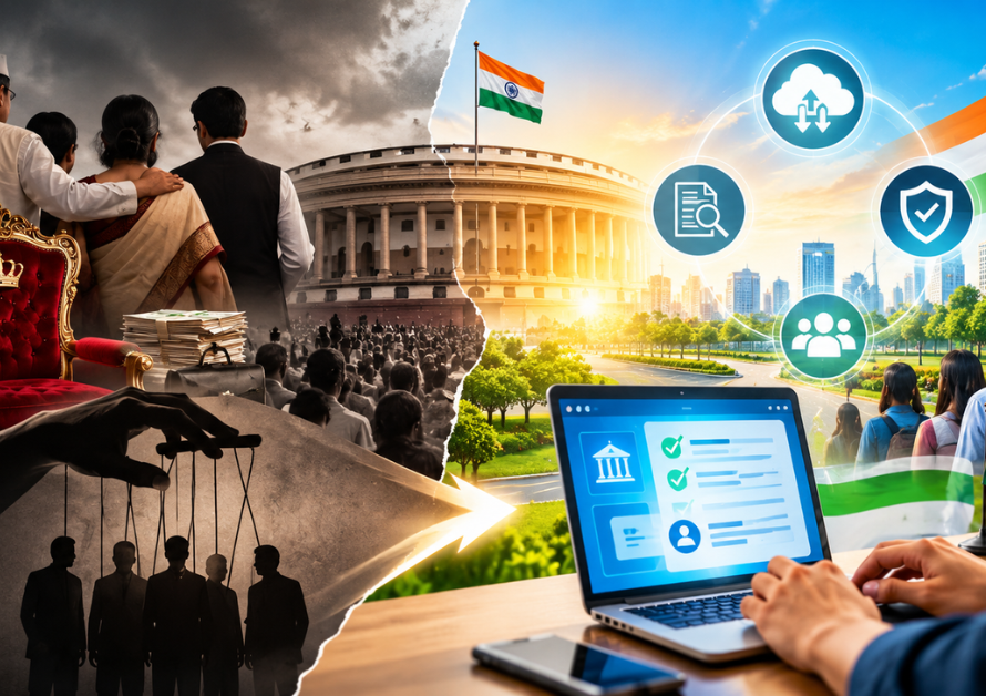 Administrative reform and digital transparency in India, illustrating e-governance, accountability, and systemic change.