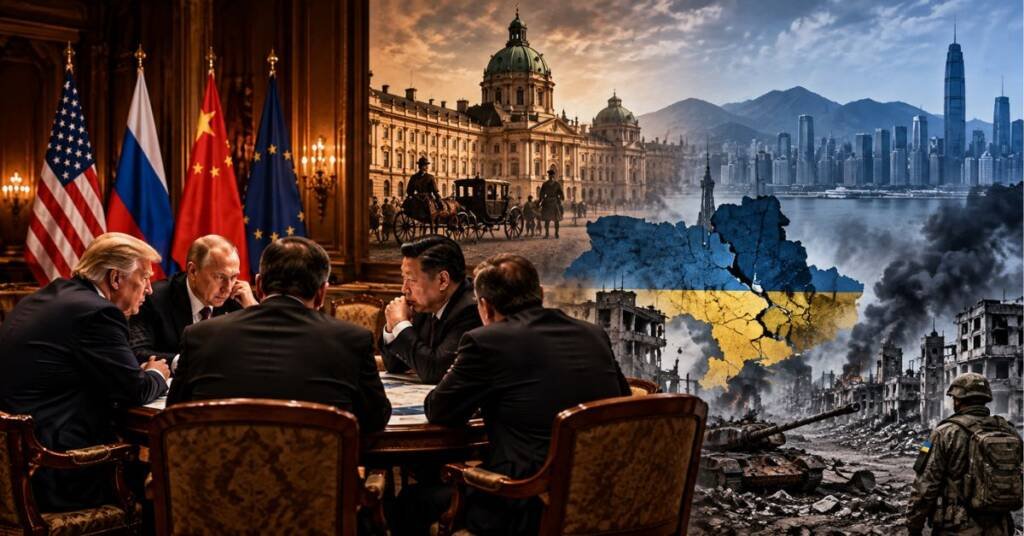 Global superpower politics and Ukraine's historical crisis, highlighting geopolitical decisions from Vienna to Shenzhen
