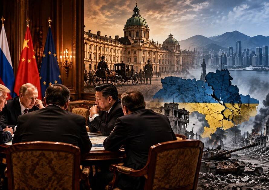 Global superpower politics and Ukraine's historical crisis, highlighting geopolitical decisions from Vienna to Shenzhen