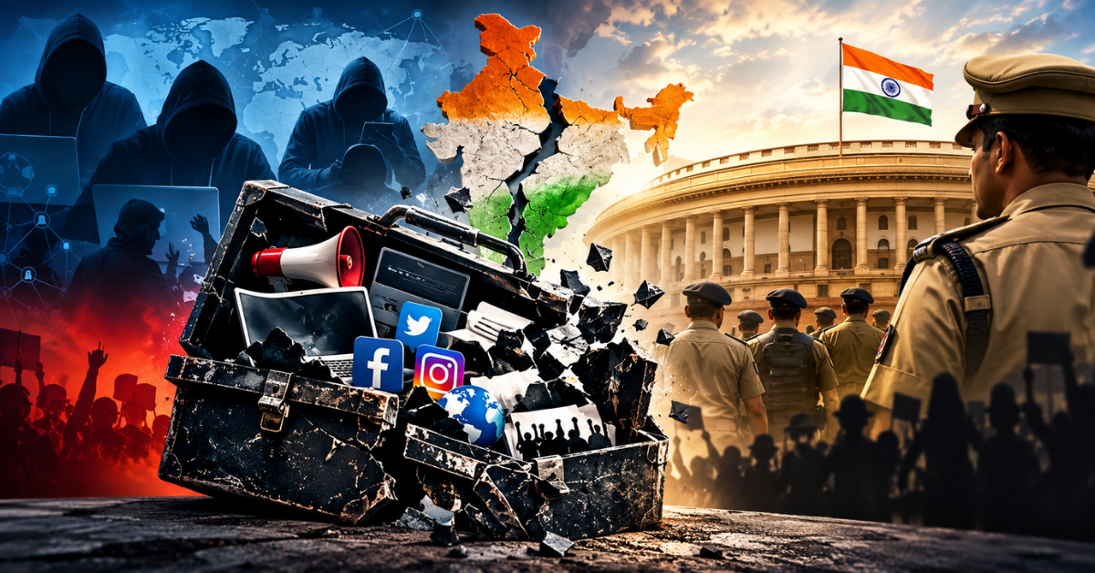 भारत में रेजीम चेंज के आरोपों, राष्ट्रीय सुरक्षा और प्रशासनिक कार्रवाई को दर्शाता प्रतीकात्मक चित्र