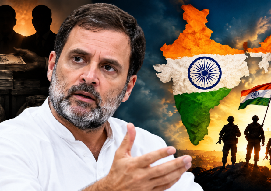 राहुल गांधी की तस्वीर, रुपये और संदिग्ध गतिविधियों के प्रतीक, तिरंगे के साथ भारत का नक्शा और देश की रक्षा करते सैनिक