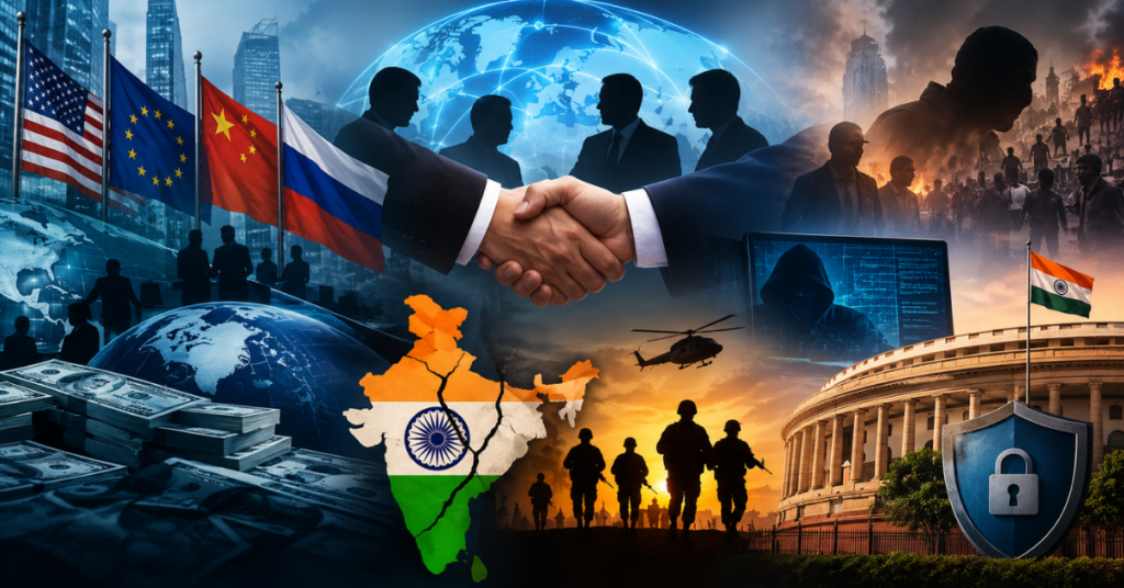 Symbolic illustration of global power networks, international alliances, and national security challenges between 1991 and 2016